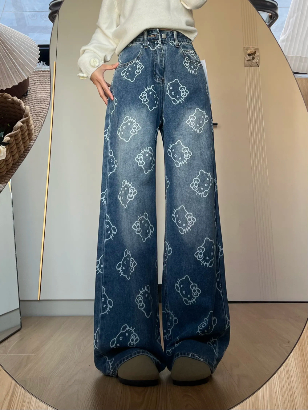 HK Print High Waist Flare Denim Pants for Women - Loose Fit Wide Leg Trousers 01250527