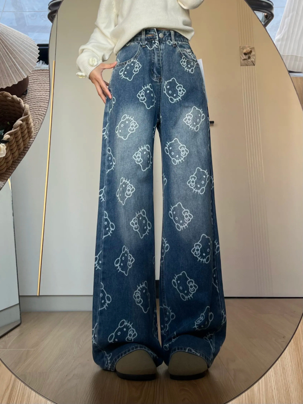 HK Print High Waist Flare Denim Pants for Women - Loose Fit Wide Leg Trousers 01250527