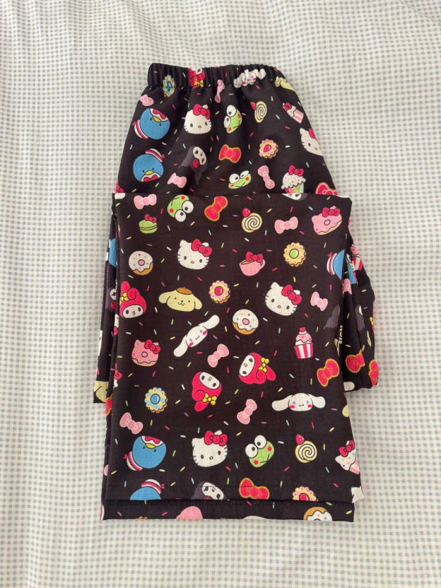 HK Bubble Crepe Lounge Pants - Korean Cartoon Summer Sleepwear for Women, Thin & Breathable 01250407
