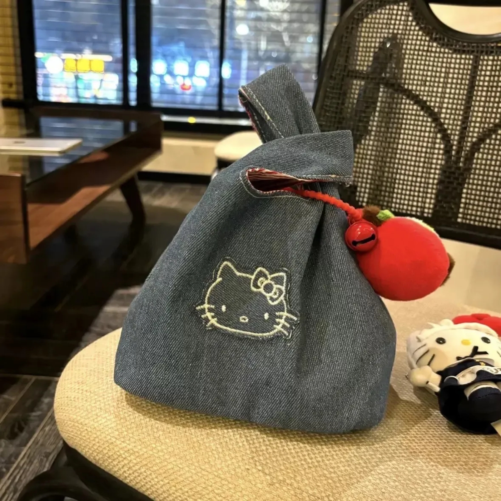 HK Denim Tote Bag - Embroidered Kawaii Cat Design, Large Capacity Casual Handheld Shopper 01250508