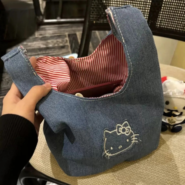HK Denim Tote Bag - Embroidered Kawaii Cat Design, Large Capacity Casual Handheld Shopper 01250508