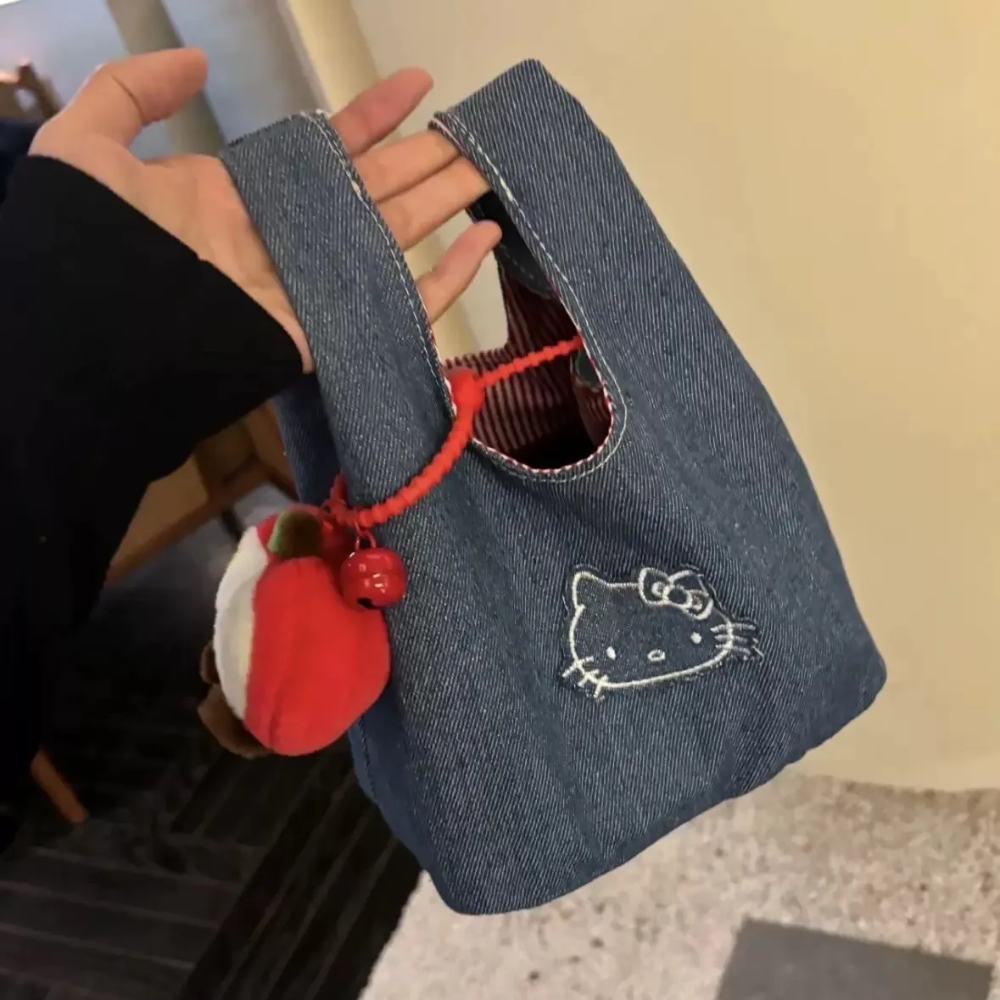 HK Denim Tote Bag - Embroidered Kawaii Cat Design, Large