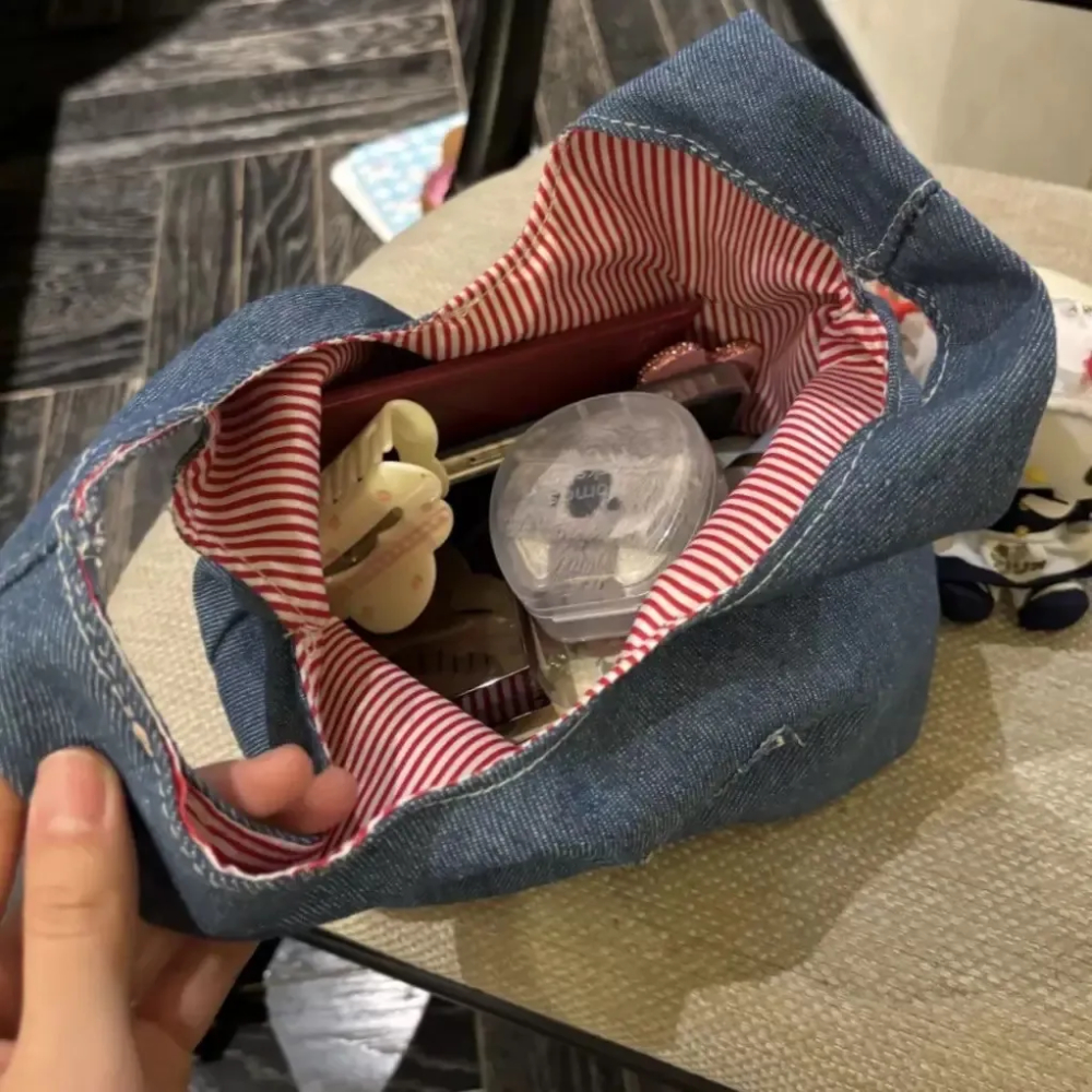 HK Denim Tote Bag - Embroidered Kawaii Cat Design, Large Capacity Casual Handheld Shopper 01250508