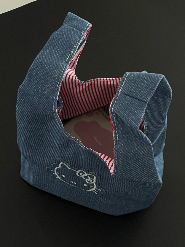 HK Denim Tote Bag - Embroidered Kawaii Cat Design, Large Capacity Casual Handheld Shopper 01250508