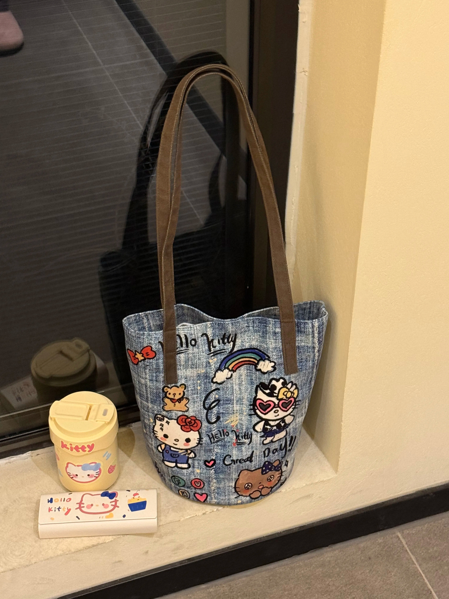 HK Retro Bucket Bag - Adjustable Crossbody & Shoulder Strap, Kawaii Vintage Style Tote 01250506