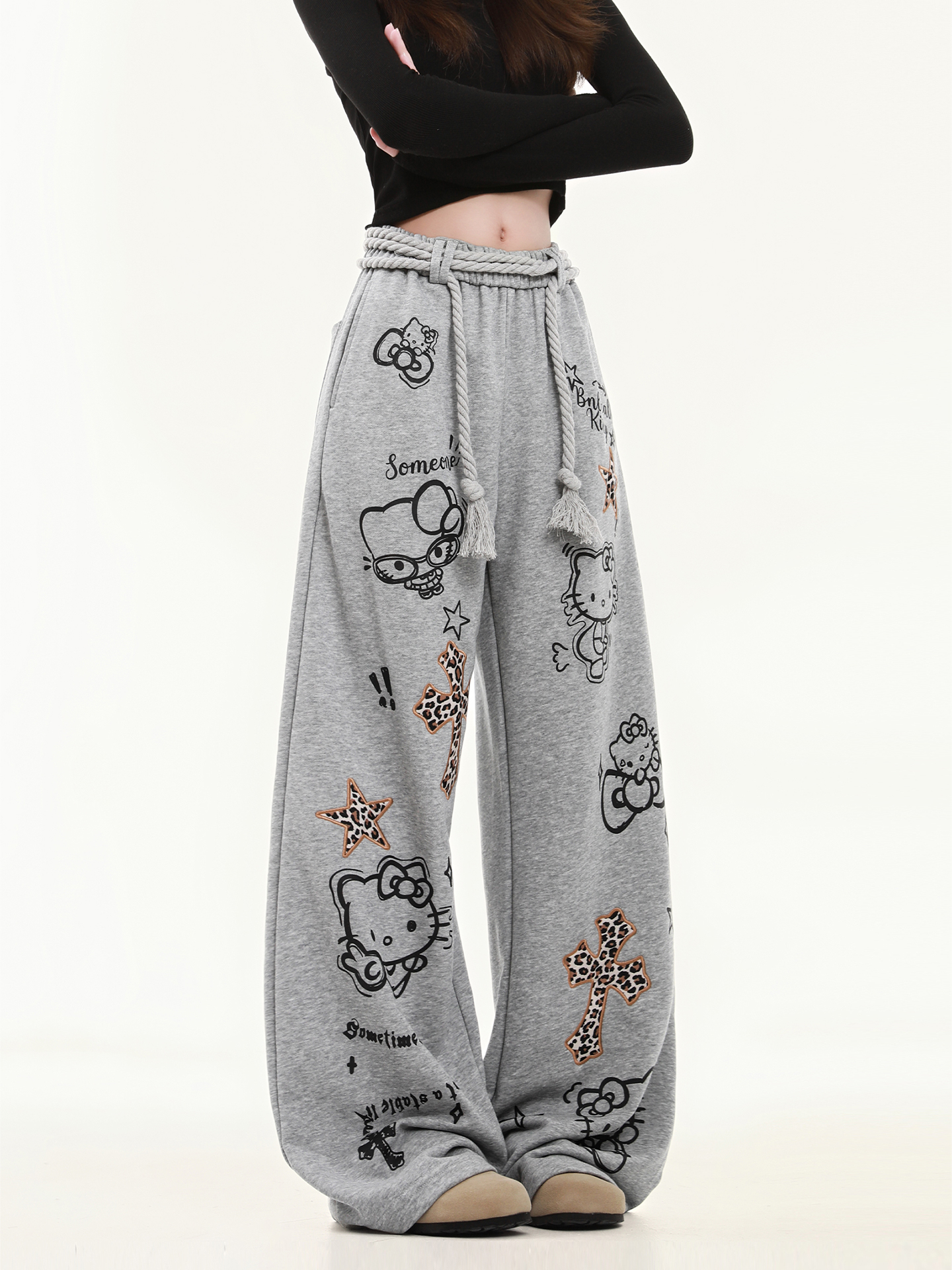 HK Wide Leg Sweatpants for Women – Hello Kitty Print Loose Fit Casual Pants, Autumn Straight Leg Trousers