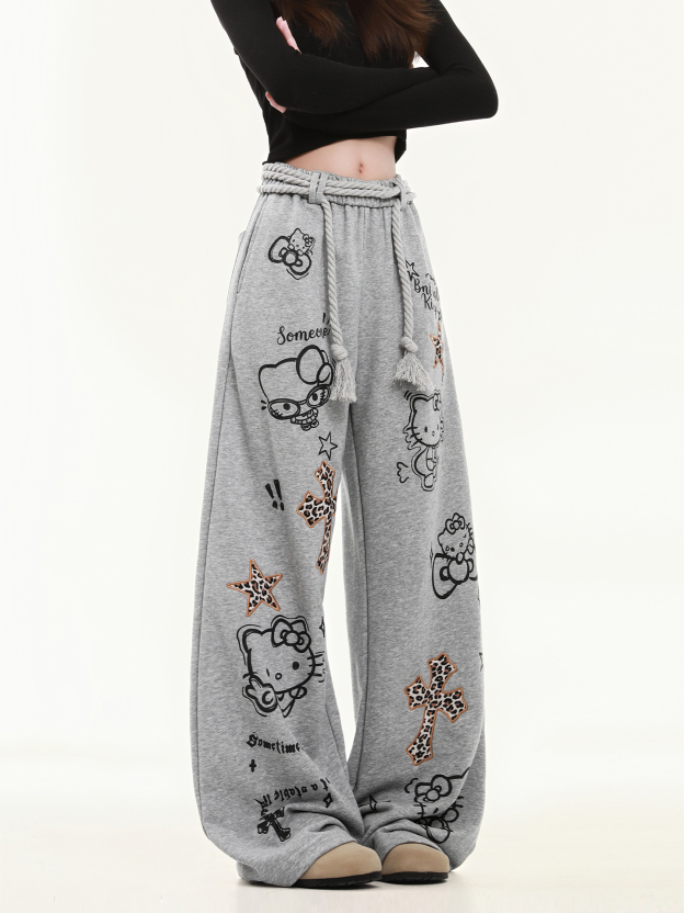 HK Wide Leg Sweatpants for Women – Hello Kitty Print Loose Fit Casual Pants, Autumn Straight Leg Trousers