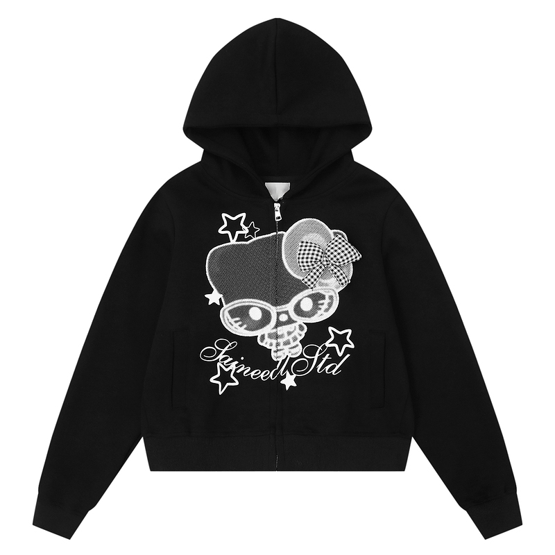 Hello Kitty Cartoon Bow Hoodie Jacket for Women – Cute Kitty Print Zip Up Sweatshirt, Casual Y2K Short Coat, Fall Fashion 01250819