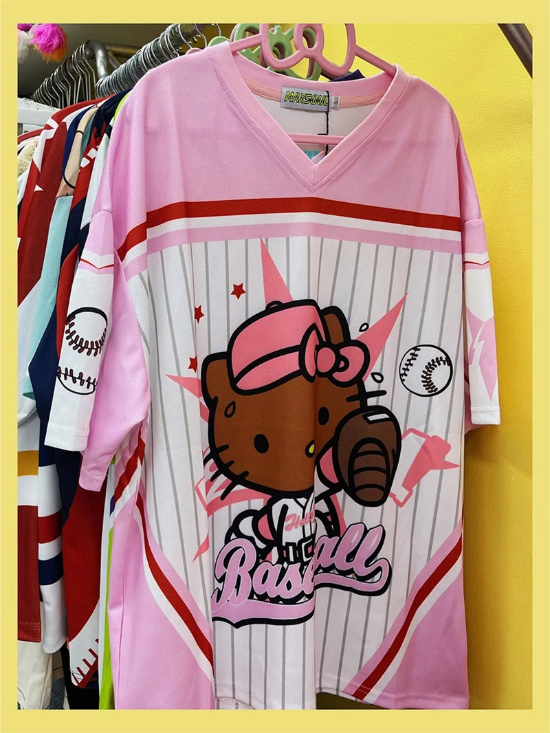 Retro American-style HK Cartoon Patchwork Jersey Loose Short-sleeved T-shirt for Men and Women-cutelalaco