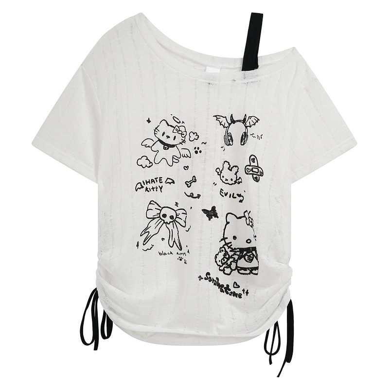 HK Off-Shoulder Crop Top - Drawstring Waist Summer Tee for Women 03250620