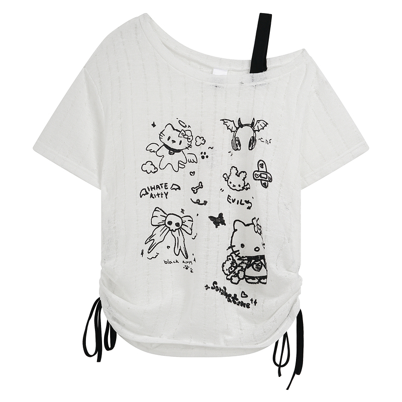 HK Off-Shoulder Crop Top - Drawstring Waist Summer Tee for Women 03250620