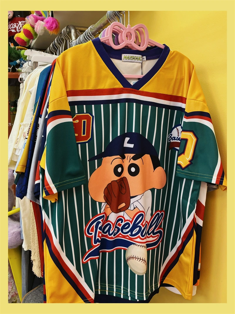Retro American-style HK Cartoon Patchwork Jersey Loose Short-sleeved T-shirt for Men and Women-cutelalaco