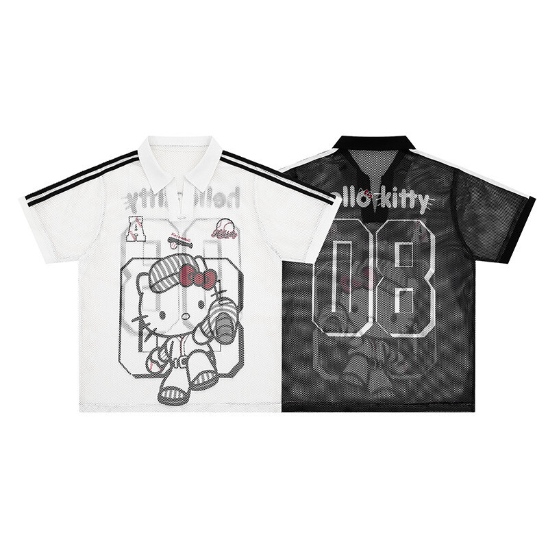 Retro HK Print Baseball Tee - Women's Oversized V-Neck Mesh T-Shirt 02250617