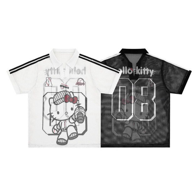 Retro HK Print Baseball Tee - Women's Oversized V-Neck Mesh T-Shirt 02250617