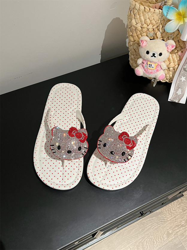 Kung Fu Kitty~ Cute Kitty Cat Flip-Flops for Women Summer New Thick Sole Non-Slip Beach Toe Post Sandals · White Thick Sole Plain 38-39 (Suitable for 37-38)