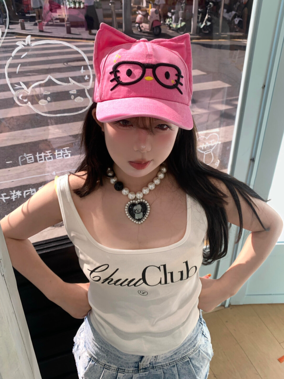 HK Cute Glasses Kitty Baseball Cap, Adjustable Summer Sun Hat for Women Girls, Fashion Kawaii Duckbill Cap 03250821
