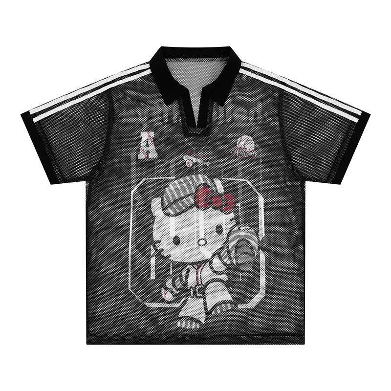 Retro HK Print Baseball Tee - Women's Oversized V-Neck Mesh T-Shirt 02250617