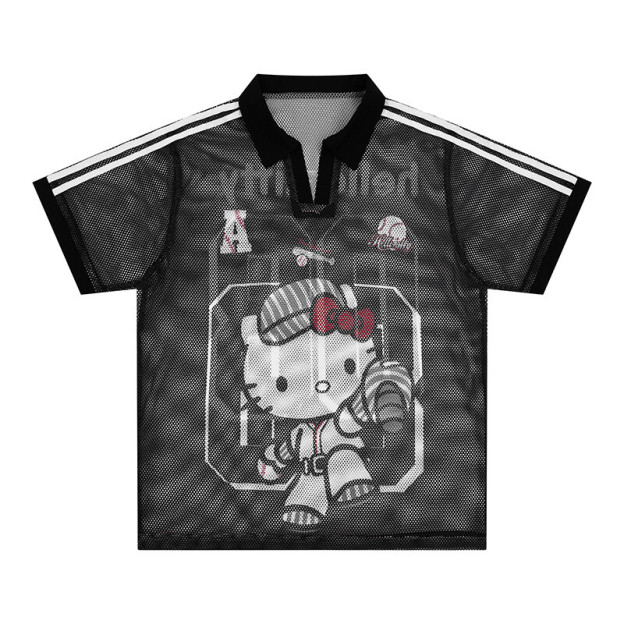 Retro HK Print Baseball Tee - Women's Oversized V-Neck Mesh T-Shirt 02250617