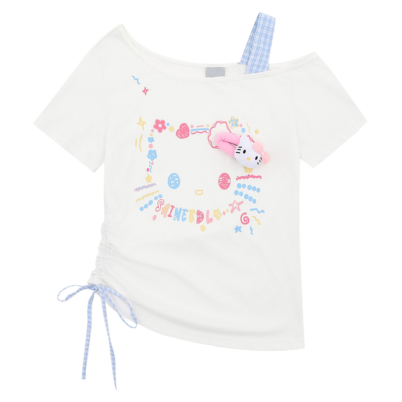 HK Retro Off-Shoulder Tee - Oversized Drawstring Top for Women04250620