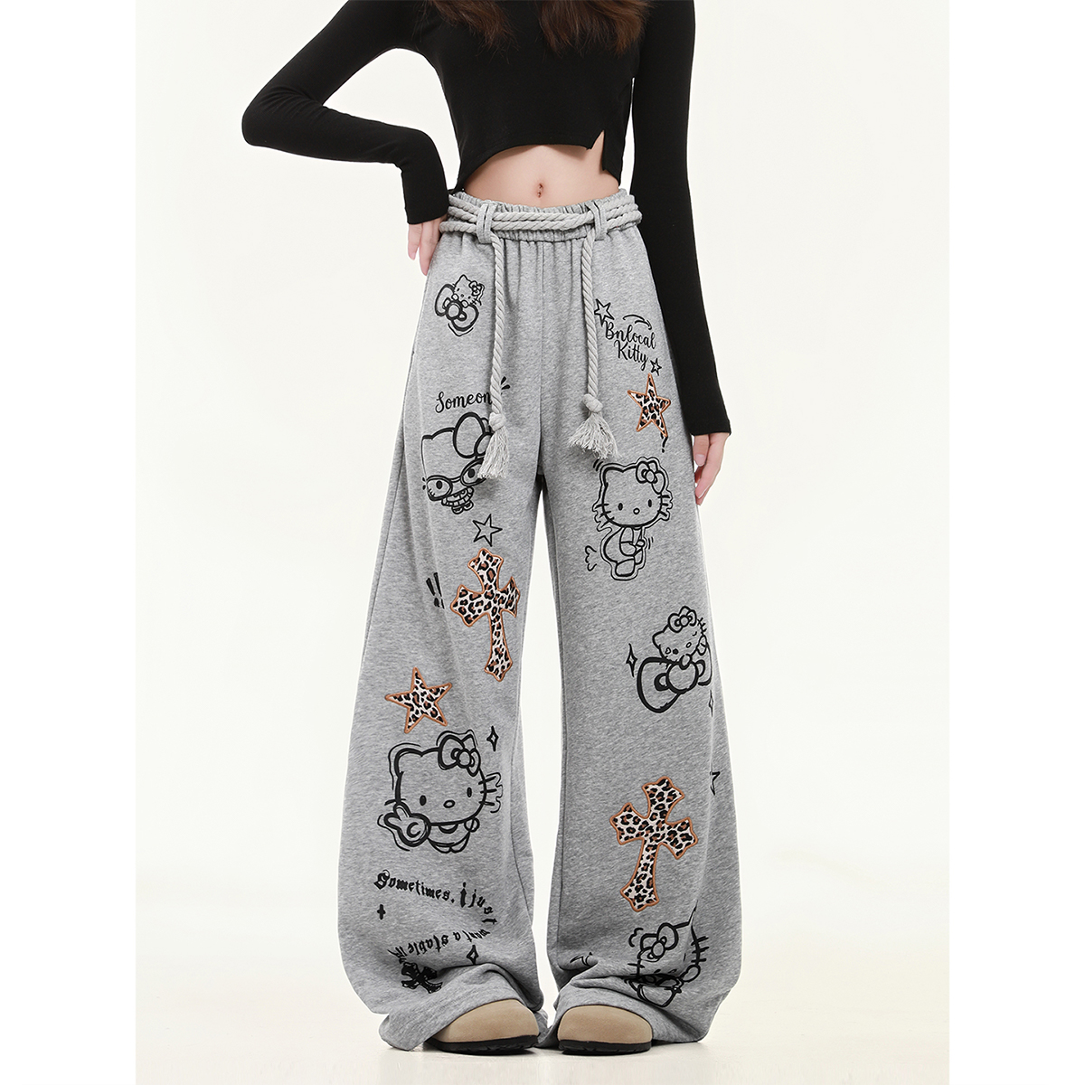 HK Wide Leg Sweatpants for Women – Hello Kitty Print Loose Fit Casual Pants, Autumn Straight Leg Trousers