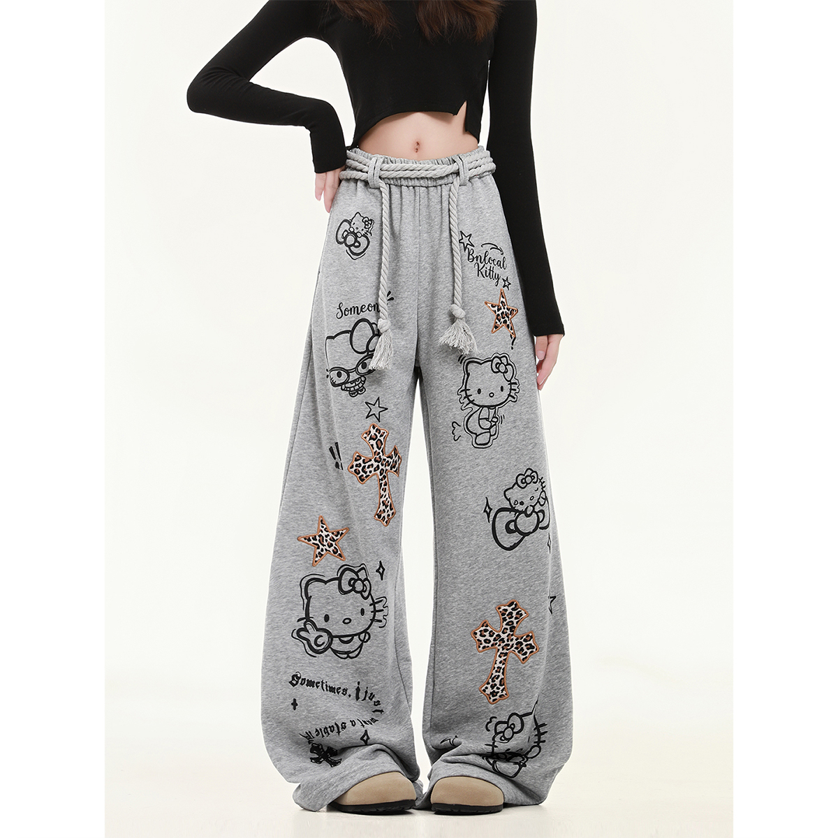 HK Wide Leg Sweatpants for Women – Hello Kitty Print Loose Fit Casual Pants, Autumn Straight Leg Trousers