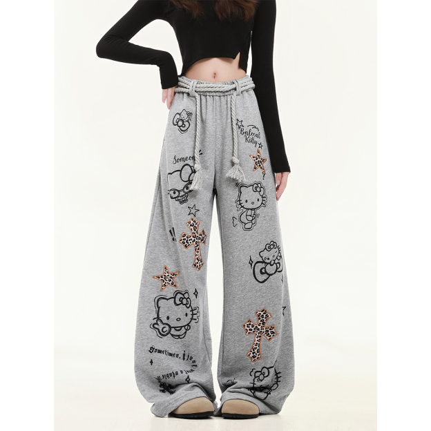 HK Wide Leg Sweatpants for Women – Hello Kitty Print Loose Fit Casual Pants, Autumn Straight Leg Trousers