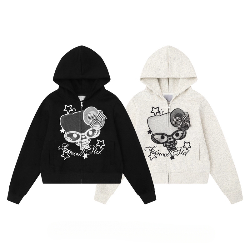 HK Cartoon Bow Hoodie Jacket for Women – Cute Kitty Print Zip Up Sweatshirt, Casual Y2K Short Coat, Fall Fashion 01250819
