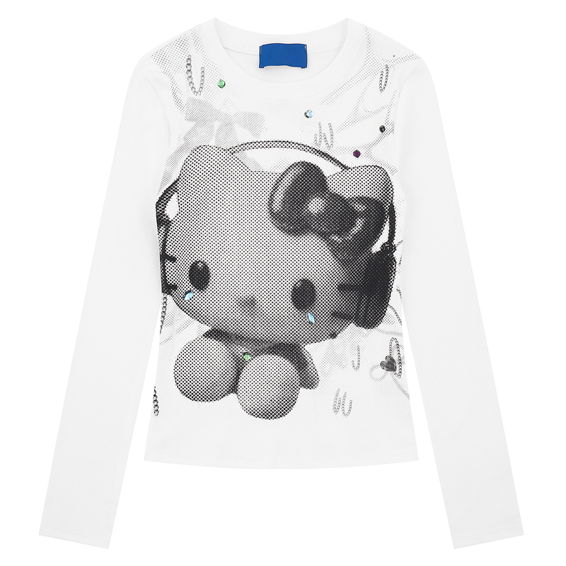 HK Vintage Black Long Sleeve T-Shirt, Y2K Cute Cartoon Kitty Print Short Top for Women Autumn Streetwear 02250821