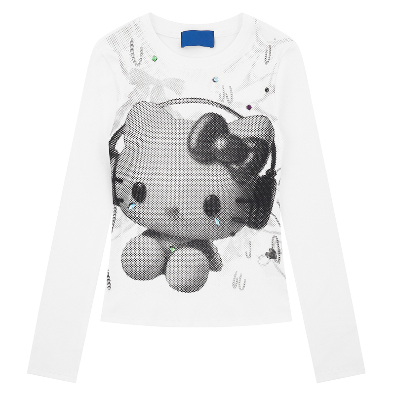 HK Vintage Black Long Sleeve T-Shirt, Y2K Cute Cartoon Kitty Print Short Top for Women Autumn Streetwear 02250821