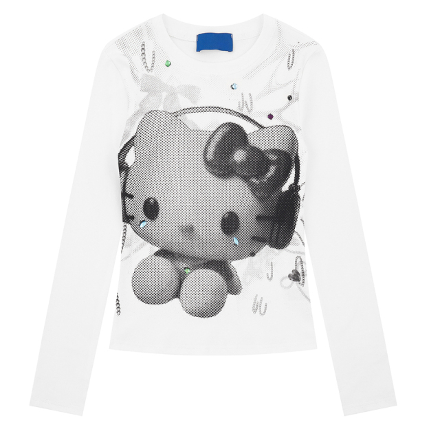HK Vintage Black Long Sleeve T-Shirt, Y2K Cute Cartoon Kitty Print Short Top for Women Autumn Streetwear 02250821