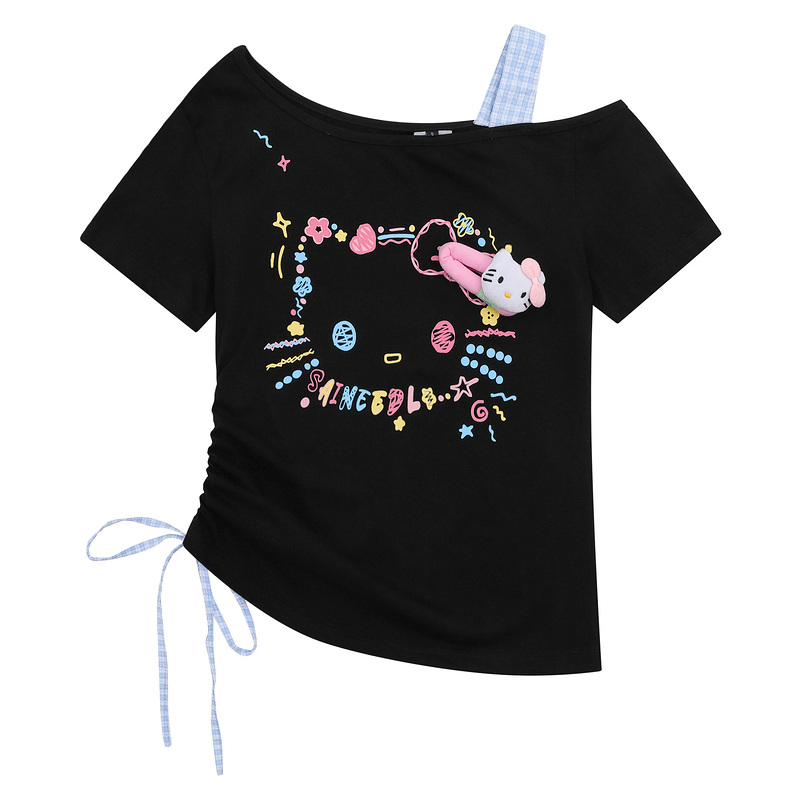 HK Retro Off-Shoulder Tee - Oversized Drawstring Top for Women04250620