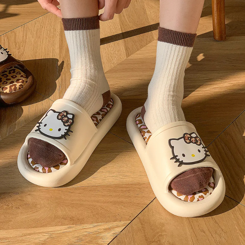 Kawaii Leopard Print EVA Slide Slippers for Women - Detachable Insole Summer Sandals, HK-Inspired Wild Cute Design 01250402
