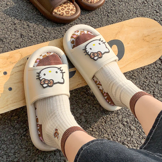 Kawaii Leopard Print EVA Slide Slippers for Women - Detachable Insole Summer Sandals, HK-Inspired Wild Cute Design 01250402