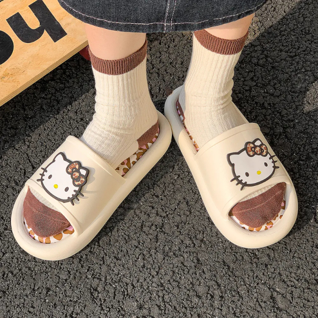 Kawaii Leopard Print EVA Slide Slippers for Women - Detachable Insole Summer Sandals, HK-Inspired Wild Cute Design 01250402