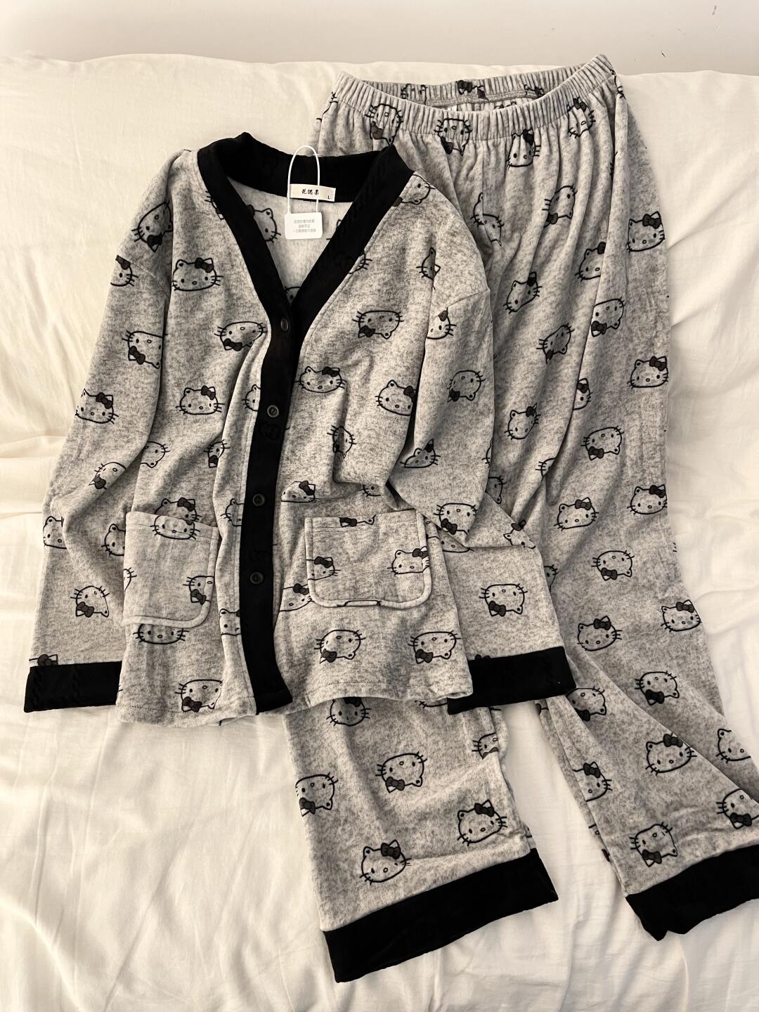 HK Warm Fleece V-Neck Pajama Set 01251121, Cute Thickened Autumn Winter Loungewear, Soft Brushed Fabric Sleepwear, Plus Size Cozy Home Set