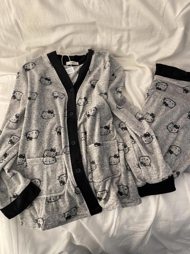 HK Warm Fleece V-Neck Pajama Set 01251121, Cute Thickened Autumn Winter Loungewear, Soft Brushed Fabric Sleepwear, Plus Size Cozy Home Set