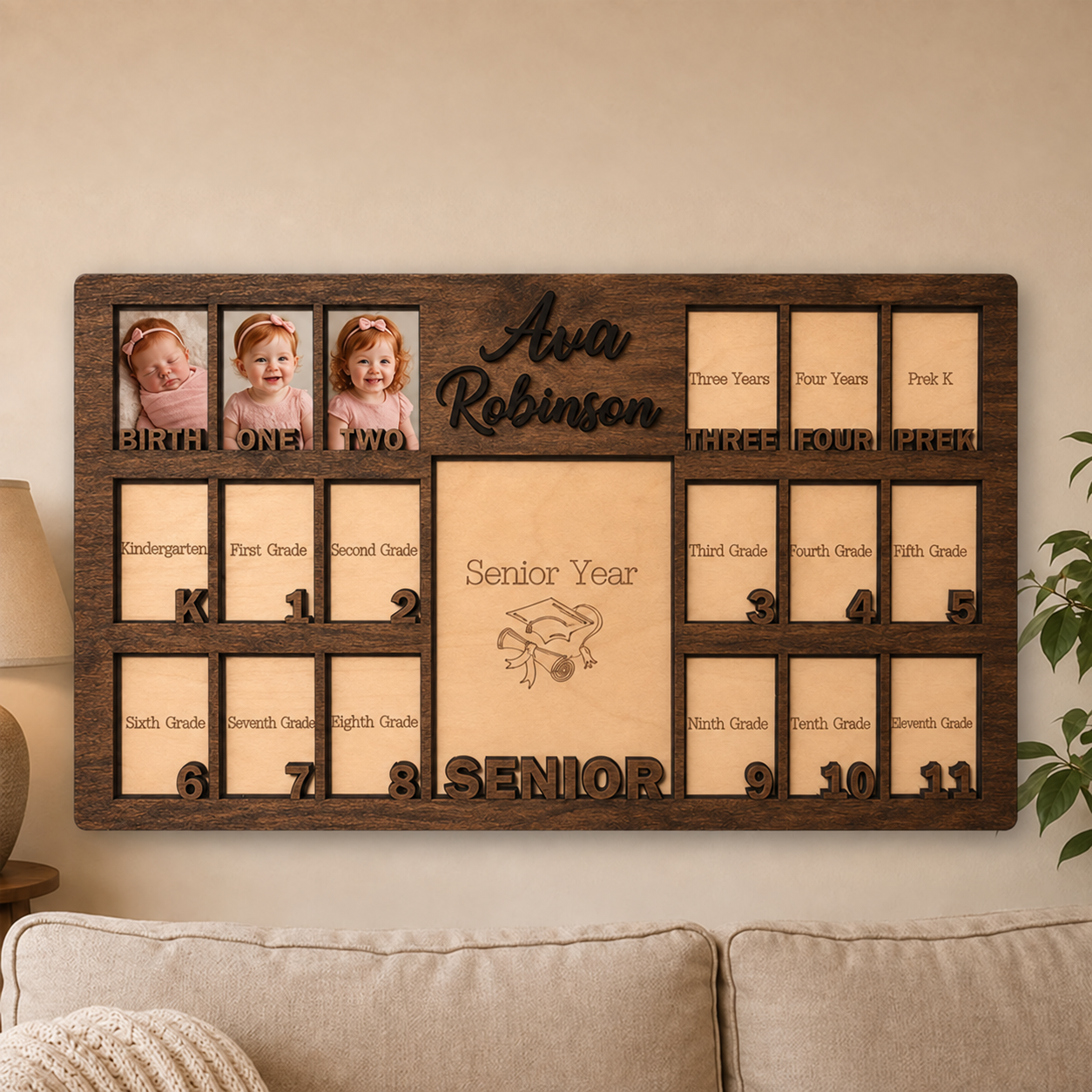 🌿 Personalized Birth-to-Senior School Years Photo Frame | Custom Name Wooden Childhood Growth Keepsake