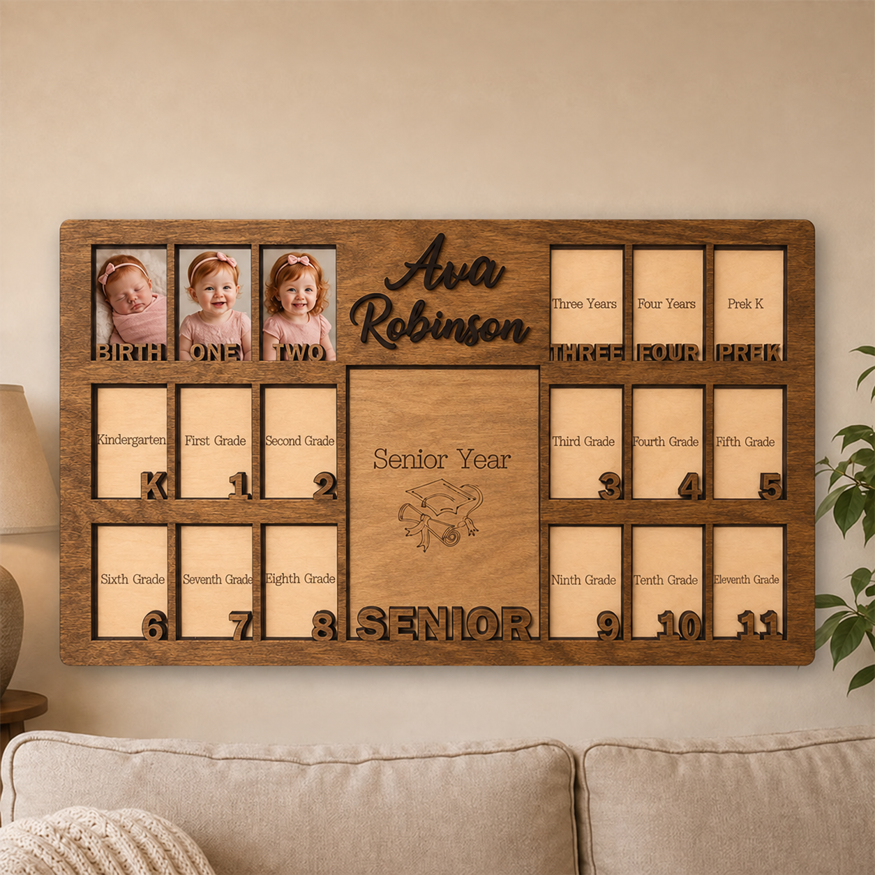 🌿 Personalized Birth-to-Senior School Years Photo Frame | Custom Name Wooden Childhood Growth Keepsake
