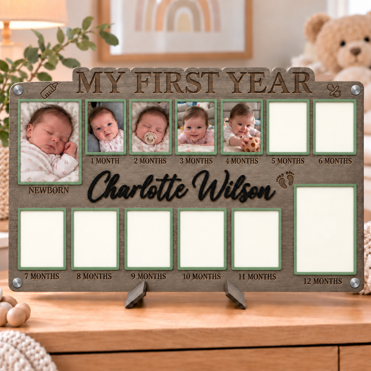 🌱Personalized Baby’s First Year Photo Frame | Custom Name Milestone Collage for Newborn to 12 Months
