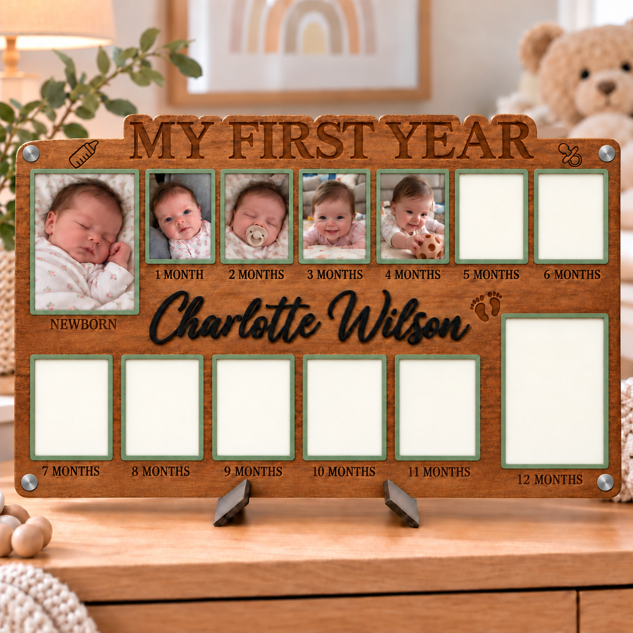 🌱Personalized Baby’s First Year Photo Frame | Custom Name Milestone Collage for Newborn to 12 Months