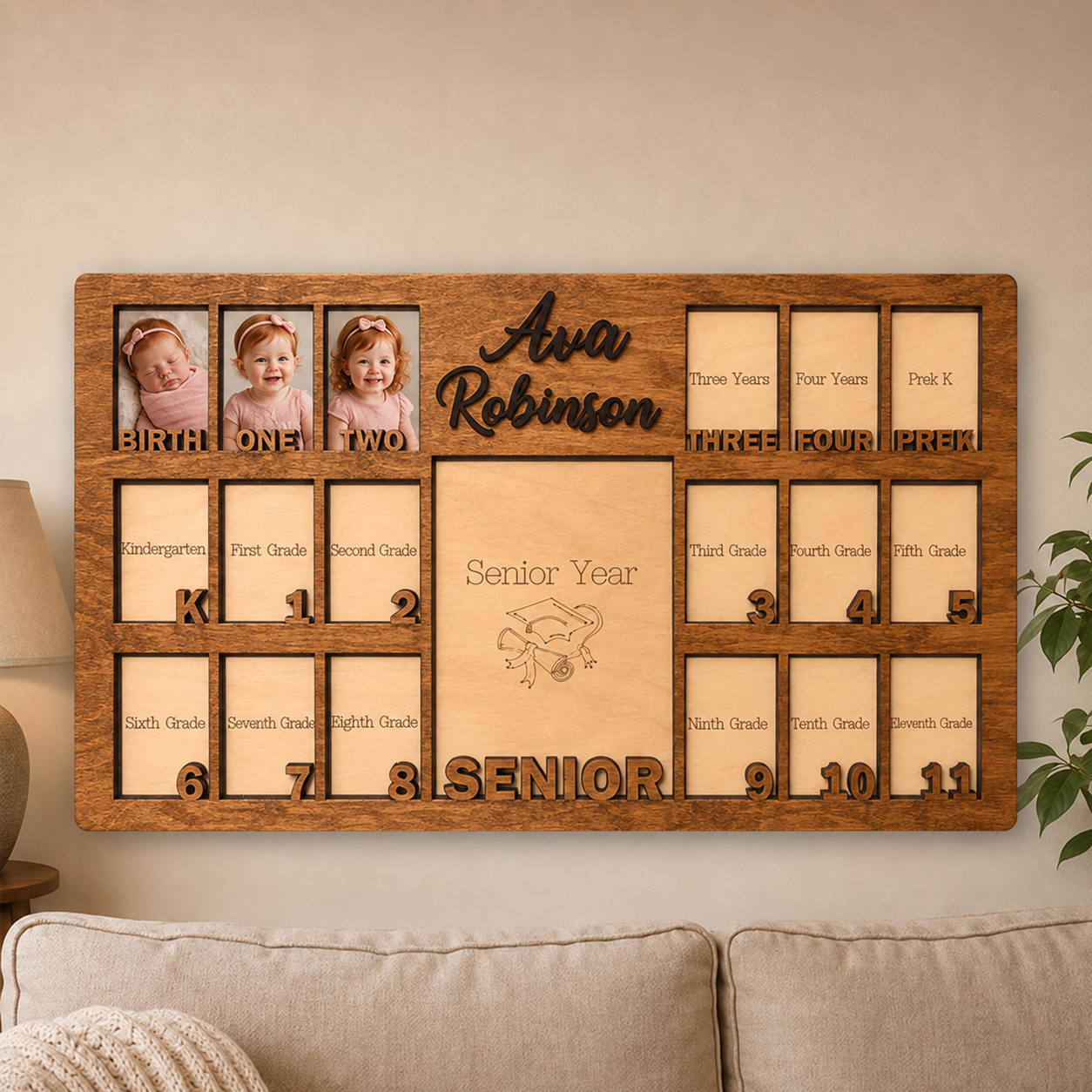 🌿 Personalized Birth-to-Senior School Years Photo Frame | Custom Name Wooden Childhood Growth Keepsake