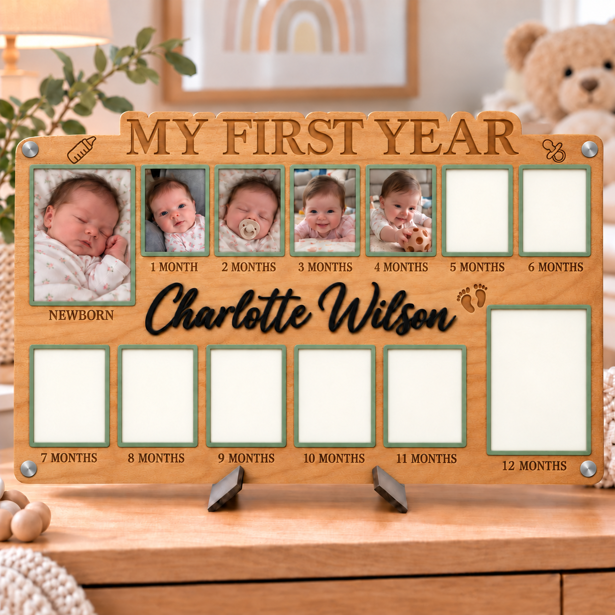 🌱Personalized Baby’s First Year Photo Frame | Custom Name Milestone Collage for Newborn to 12 Months