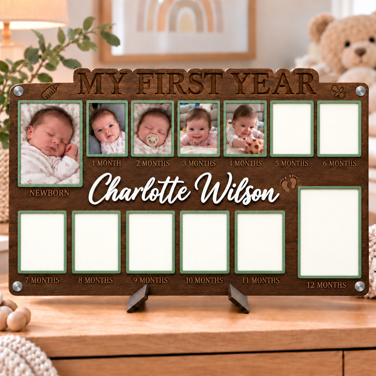 🌱Personalized Baby’s First Year Photo Frame | Custom Name Milestone Collage for Newborn to 12 Months