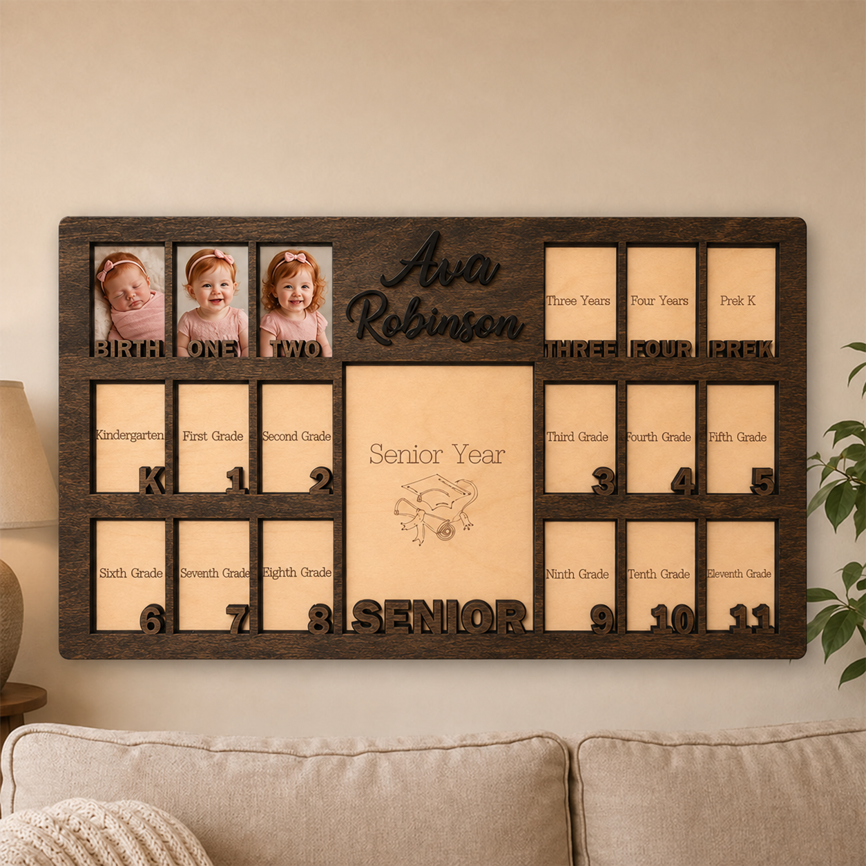 🌿 Personalized Birth-to-Senior School Years Photo Frame | Custom Name Wooden Childhood Growth Keepsake
