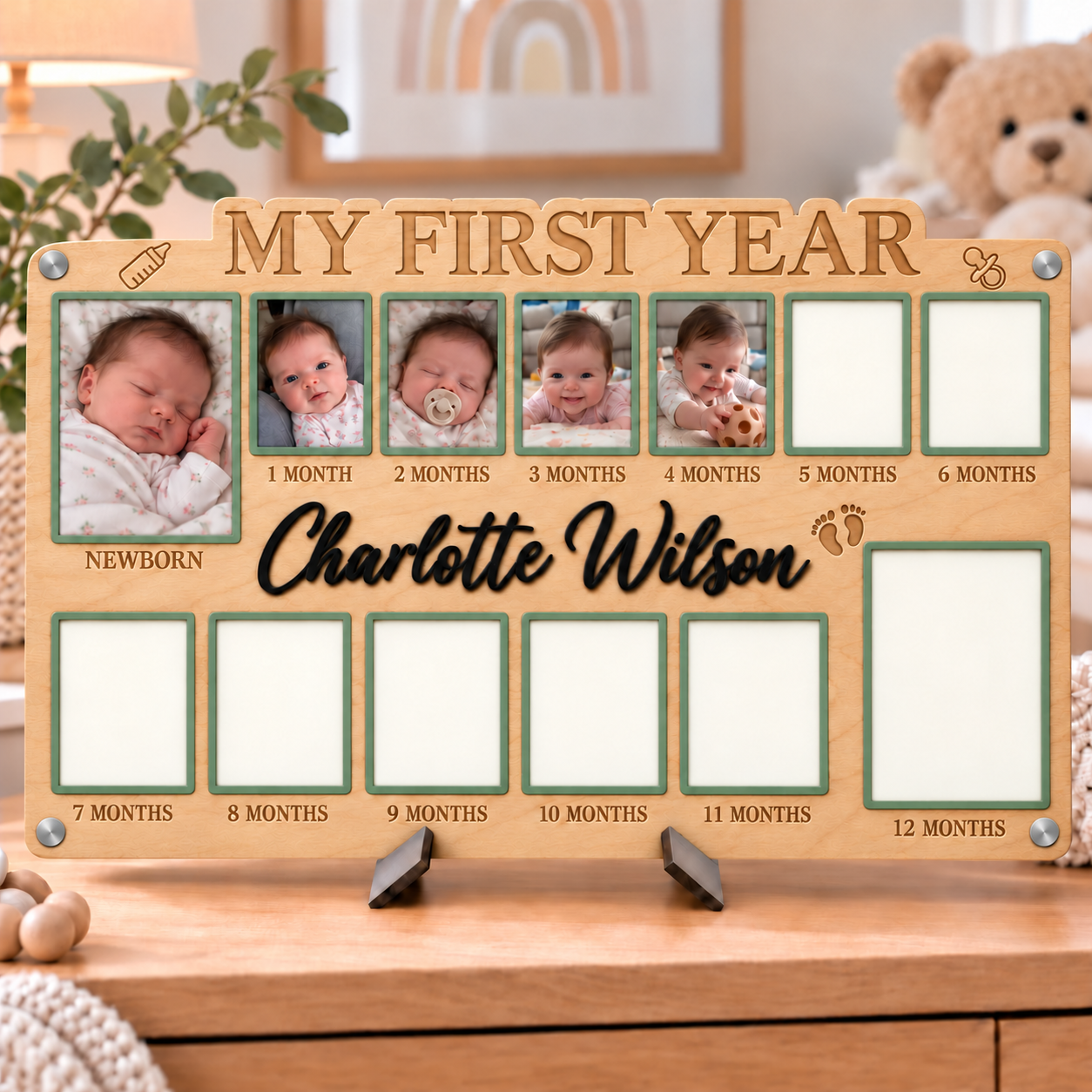 🌱Personalized Baby’s First Year Photo Frame | Custom Name Milestone Collage for Newborn to 12 Months
