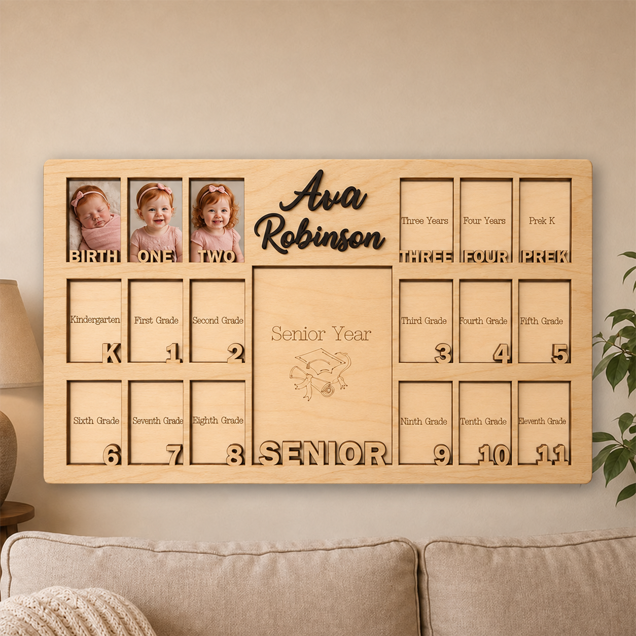 🌿 Personalized Birth-to-Senior School Years Photo Frame | Custom Name Wooden Childhood Growth Keepsake