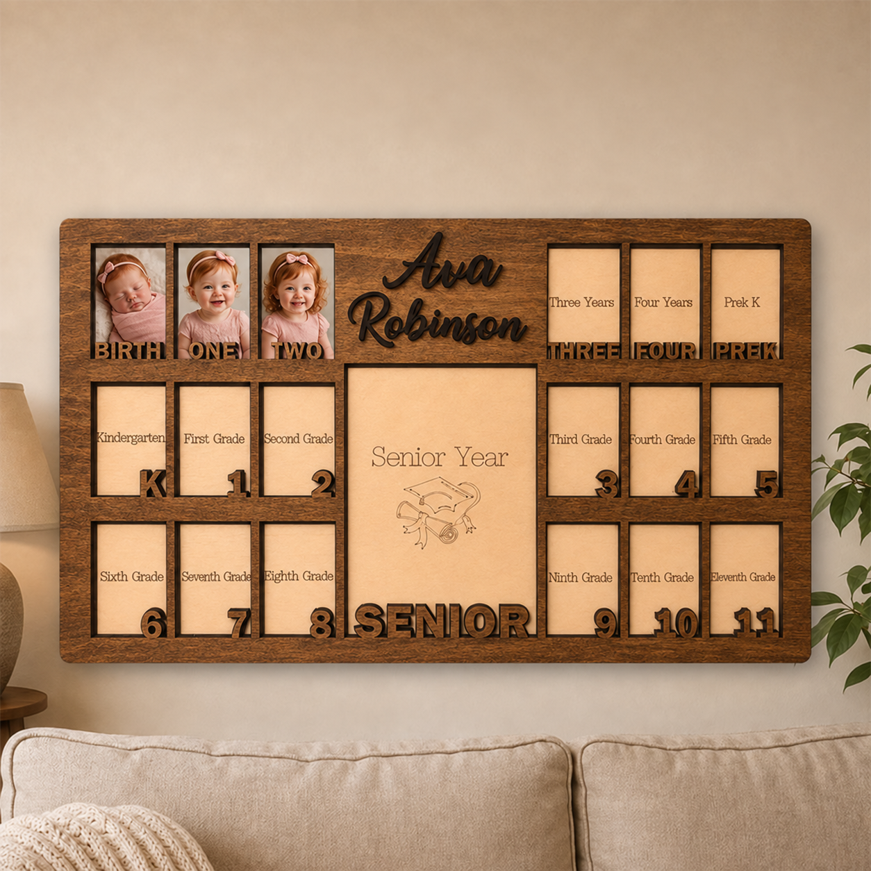 🌿 Personalized Birth-to-Senior School Years Photo Frame | Custom Name Wooden Childhood Growth Keepsake