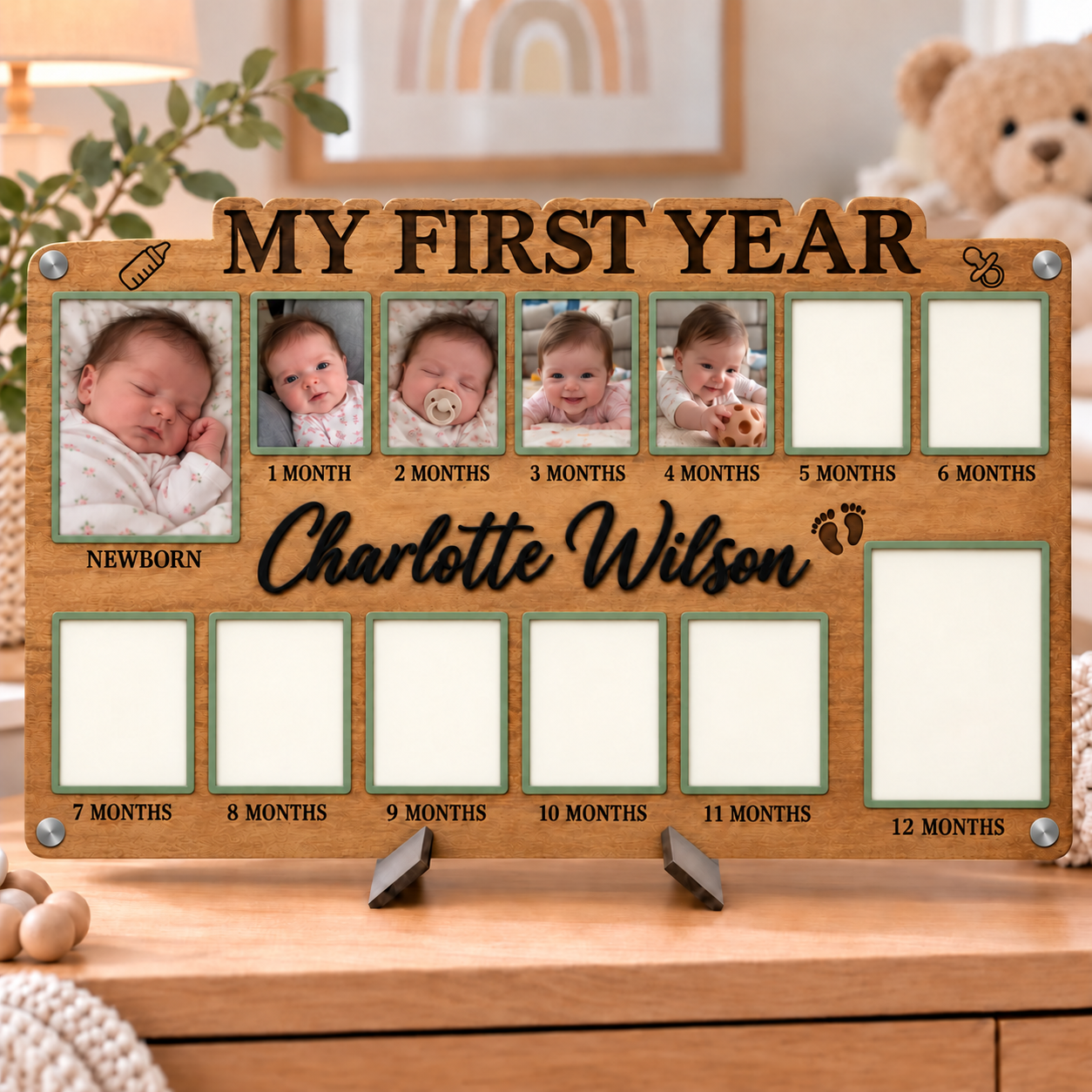 🌱Personalized Baby’s First Year Photo Frame | Custom Name Milestone Collage for Newborn to 12 Months