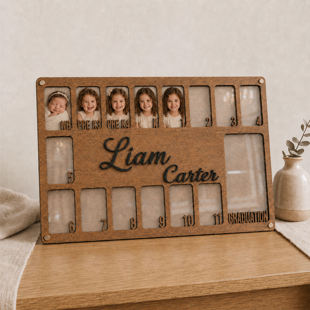 🌿 Personalized Newborn to Graduation School Years Photo Frame | Custom Wooden Kids Growth Picture Frame with Name