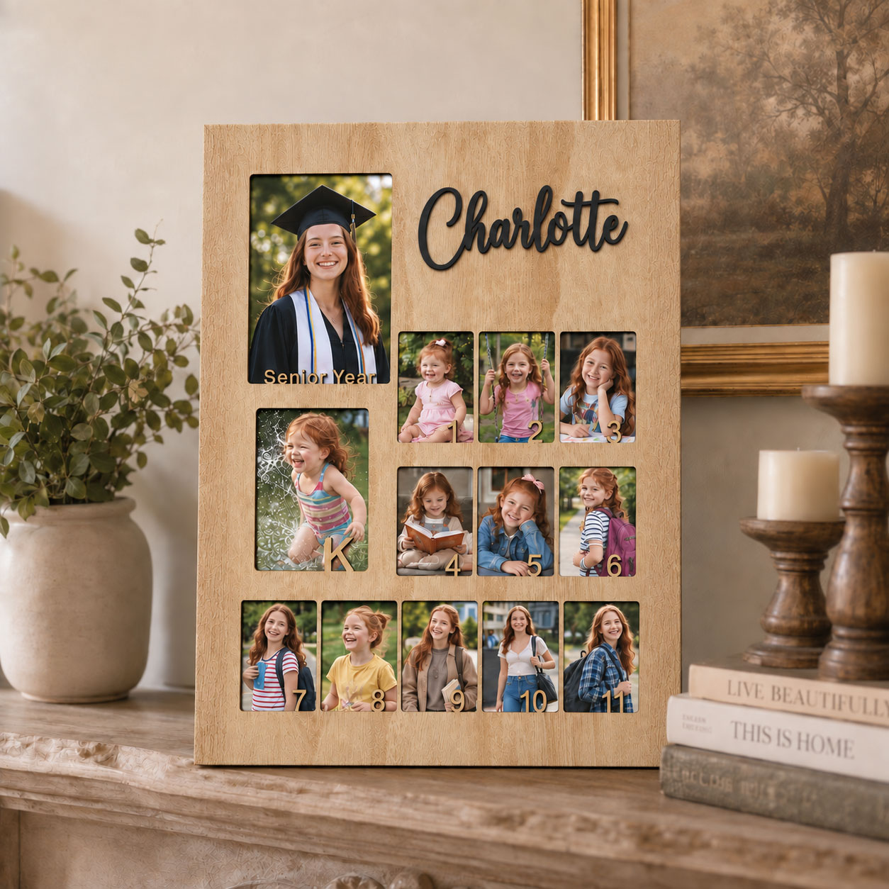 🎓 Personalized K–12 School Years Photo Frame  | Custom Name & Graduation Year Wooden Picture Collage